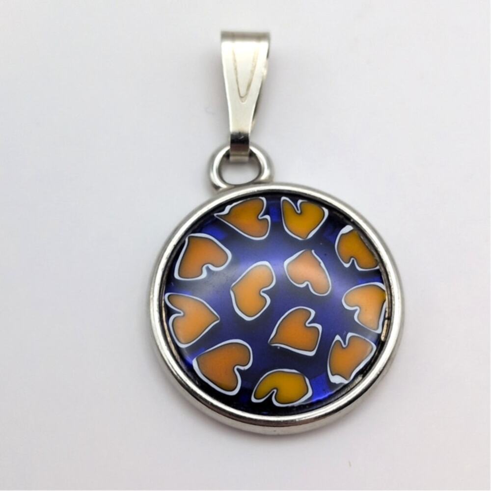 Orive Italia Murano Glass Cobalt Blue Orange Hearts Round Pendant Silver Tone
